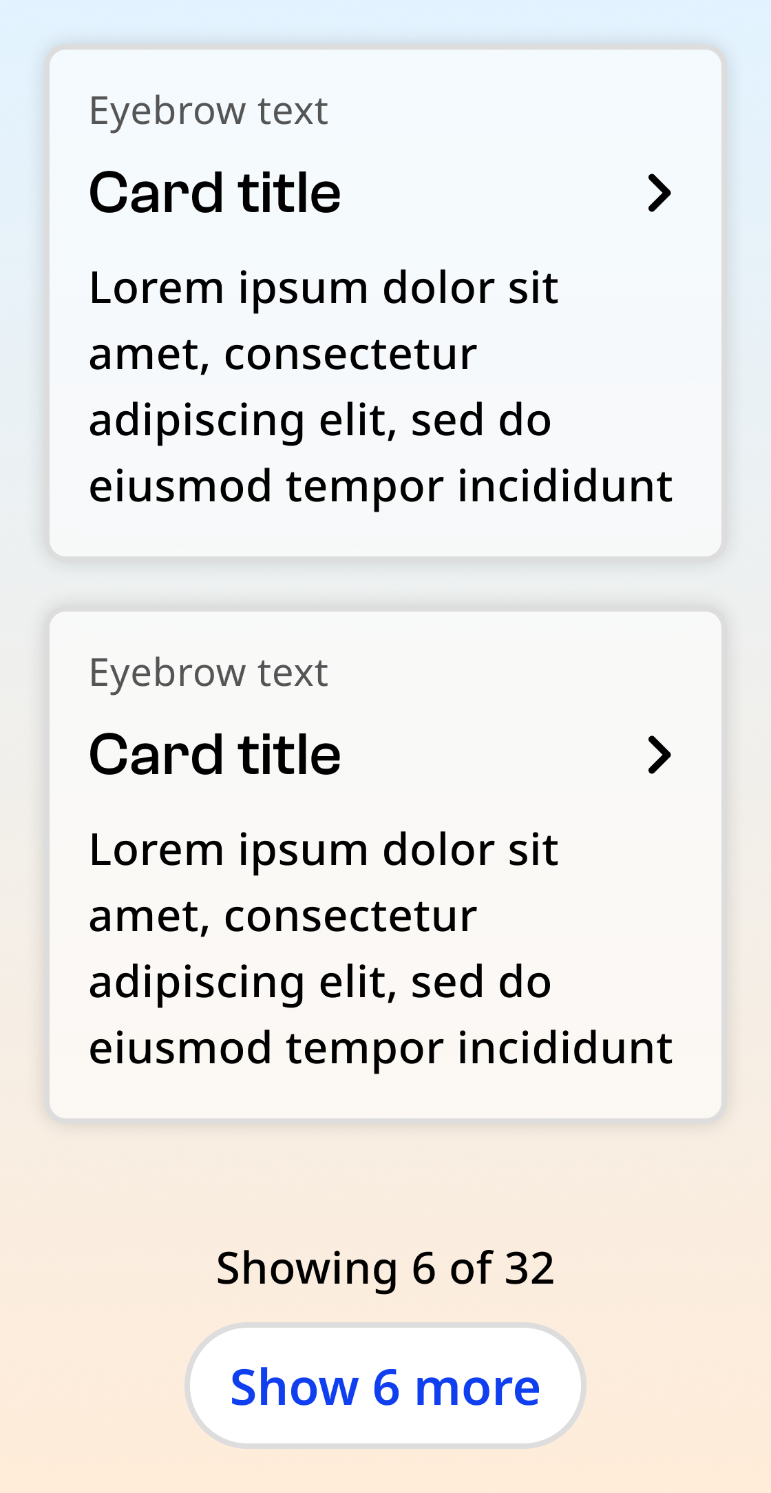 Mobile nyc.gov screenshot showing two cards containing lorem ipsem text. Beneath them, a single centerd line of text reading "Showing 6 of 32" above a button reading "Show 6 more"